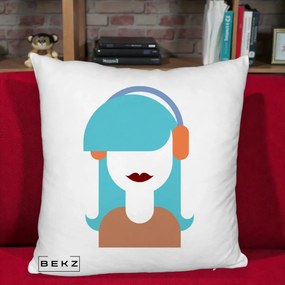 Perna Decorativa Fata cu Casti Muzica Grafic, 40x40 cm, Alb Pufos, Husa Detasabila, Perna Inclusa, BEKZ®