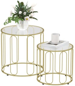 HOMCOM Set de 2 mese de cafea gigogne rotunde moderne cu cadru din metal și blat din sticlă securizată, ton auriu | Aosom Romania