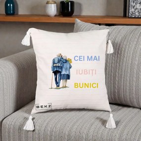Cadou pentru Bunici - Perna Personalizata Cei Mai Iubiti Bunici Acuarela Spate, 40x40 cm, Bej cu Franjuri, Husa Detasabila, Perna Inclusa, BEKZ®