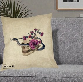 Perna Decorativa Craniu cu Sarpe si Trandafiri Gothic, 40x40 cm, Crem, Husa Detasabila, Perna Inclusa, BEKZ®