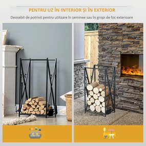 HOMCOM Suport pentru Lemne de Foc din Oțel, Suport pentru Lemne pentru Șemineu cu Vatrai, Perie și Clește, 46x30x76 cm, Negru | Aosom Romania