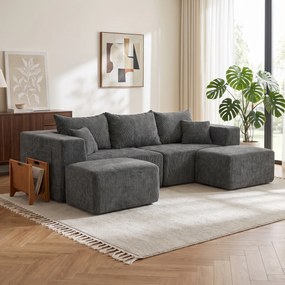 HOMCOM Canapea modulară în U, 3 locuri, fără cadru, cu 2 taburete, șezut și cotiere late, din chenille, gri închis | Aosom Romania