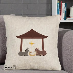 Perna Decorativa Ieslea din Betleem cu Iesle Asin si Bou, 40x40 cm, Bej Canapea, Husa Detasabila, Perna Inclusa, BEKZ®
