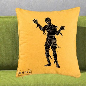 Perna Decorativa Mormii Infricosat Silueta Neagra Halloween, 40x40 cm, Galben, Husa Detasabila, Perna Inclusa, BEKZ®