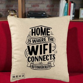 Perna Decorativa Home Is Where WiFi Connects, 40x40 cm, Bej, Husa Detasabila, Perna Inclusa, BEKZ®