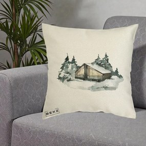 Perna Decorativa Cabana de Iarna in Padure, 40x40 cm, Ecru, Husa Detasabila, Perna Inclusa, BEKZ®