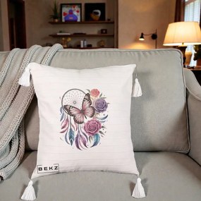 Perna Personalizata Prinzator de Vise cu Fluture si Trandafiri, 40x40 cm, Bej cu Franjuri, Husa Detasabila, Perna Inclusa, BEKZ®