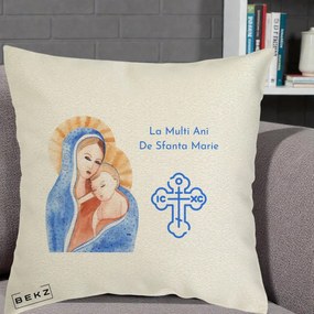 Cadou de Onomastica - Perna Personalizata Sfanta Marie Icoana Acuarela, 40x40 cm, Ecru, Husa Detasabila, Perna Inclusa, BEKZ®