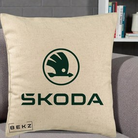 Perna Personalizata cu emblema Skoda, 40x40 cm, Bej, Husa Detasabila, Perna Inclusa, BEKZ®