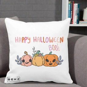 Perna Decorativa Happy Halloween Boo Trei Dovlecei Kawaii, 40x40 cm, Alba Mata, Husa Detasabila, Perna Inclusa, BEKZ®