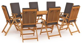 vidaXL Set mobilier de grădină cu perne gri, 9 piese, lemn masiv tec