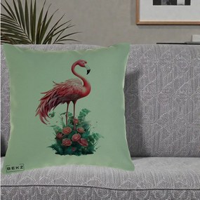 Perna Decorativa Flamingo cu Trandafiri Tropicali, 40x40 cm, Verde, Husa Detasabila, Perna Inclusa, BEKZ®
