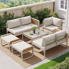Set de lounge pentru grădină pentru 6-7 persoane, mobilier din ratan cu cadru din fier galvanizat și picioare reglabile, inclusiv perne pentru șezut și spate, Bej