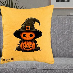 Perna Decorativa Halloween Dovleac Vrajitor Kawaii, 40x40 cm, Galben, Husa Detasabila, Perna Inclusa, BEKZ®