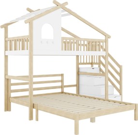 Pat supraetajat 90x200 cm cu scară cu spațiu de depozitare pentru copii, fără saltea, Culoare naturală+Alb