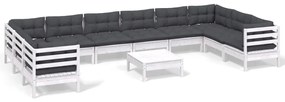 Set mobilier de gradina cu perne, 11 piese, alb, lemn masiv pin Alb, 11