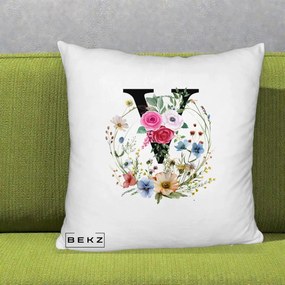 Cadou Personalizat - Perna Personalizata Monograma Florala Litera V cu Coroana, 40x40 cm, Alb Pufos, Husa Detasabila, Perna Inclusa, BEKZ®