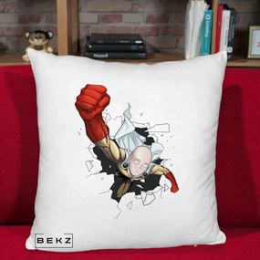 Perna Personalizata One Punch Man Saitama Pumn, 40x40 cm, Alb Pufos, Husa Detasabila, Perna Inclusa, BEKZ®