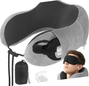 Set perna de calatorie cervicala 3D memory foam, masca de somn si dopuri antizgomot, Gri/Negru
