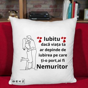 Cadou pentru Iubit - Perna Personalizata Iubitu Nemuritor cu Cuplu Line-Art si Inimi Rosii, 40x40 cm, Alb Pufos, Husa Detasabila, Perna Inclusa, BEKZ®