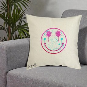 Perna Decorativa Smiley Face Tropical Glitter Roz, 40x40 cm, Ecru, Husa Detasabila, Perna Inclusa, BEKZ®