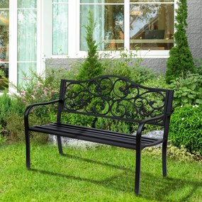 Outsunny Banca pentru exterior din fonta si metal, banca pentru gradina 2 locuri cu spatar inalt decorat, 127x60x89cm, negru