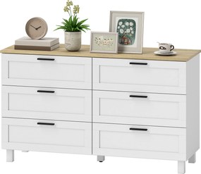 HOMCOM Comodă 6 sertare, corp de depozitare cu picioare din lemn de pin, stil modern, 120 x 38 x 71 cm, lemn natural și alb | Aosom Romania