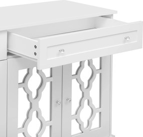 Bufet cu patru uși oglinzite, comodă cu sertare și mânere din cristal, 140x40x83 cm, Alb