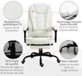 Vinsetto Scaun de birou de masaj, scaun de birou, scaun ergonomic cu înălțime reglabilă, spătar inclinabil și telecomandă cu fir, suport pentru picioare retractabil și pivotant la 360°, alb | Aosom Romania