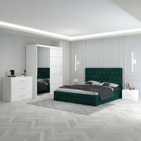 Set Mobila De Dormitor Eric Verde+Comoda,  pat tapitat 160x200cm,  dulap cu oglinda 150x210cm, noptiere