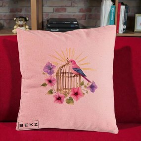 Perna Decorativa Pasare Roz pe Colivie Aurie cu Flori, 40x40 cm, Roz, Husa Detasabila, Perna Inclusa, BEKZ®