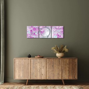 Tablouri cu flori pe trunchi argintiu - abstract (cu ceas) (90x30 cm)