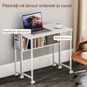 HOMCOM Birou pliabil 80cm, raft, roți, alb | Aosom Romania