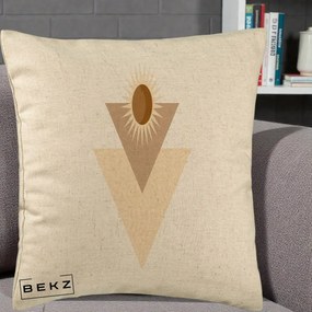 Perna Decorativa Boho Sun cu Triunghiuri Bej si Oval Solar, 40x40 cm, Bej, Husa Detasabila, Perna Inclusa, BEKZ®