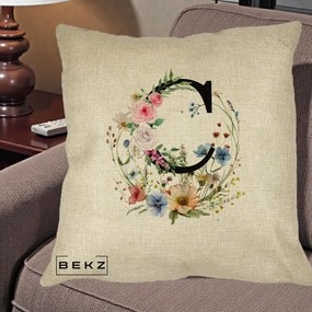 Cadou Personalizat - Perna Personalizata Monogram Litera C cu Flori Acuarela, 40x40 cm, Crem, Husa Detasabila, Perna Inclusa, BEKZ®