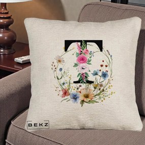 Cadou Personalizat - Perna Personalizata Monogram Litera T cu Flori Acuarela, 40x40 cm, Bej Canapea, Husa Detasabila, Perna Inclusa, BEKZ®
