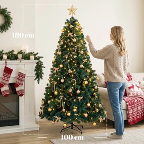 HOMCOM Brad de Crăciun Artificial 180 cm cu 240 Lumini LED, 755 Ramuri din PVC, Stea, Globuri, Fundițe, Verde | Aosom Romania