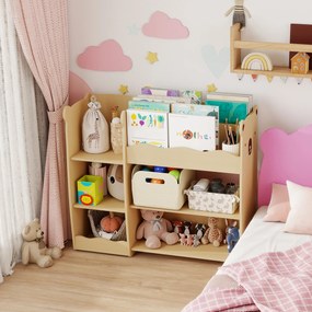 AIYAPLAY Raft pentru Jucării pentru Copii 3-8 Ani cu 7 Rafturi Deschise, Mobilier pentru Copii din MDF, 92x29x79 cm, Culoare Lemn | Aosom Romania