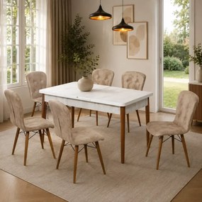 Set masa alba extensibila cu 6 scaune tapitate maro Homs Cristal 170 x 80 cm, picioare lemn