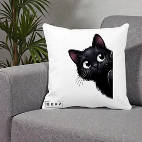 Perna Decorativa Pisica Neagra Dragalasa Curioasa, 40x40 cm, Alba Mata, Husa Detasabila, Perna Inclusa, BEKZ®