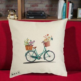 Perna Decorativa Bicicleta Florala Turcoaz Acuarela, 40x40 cm, Ecru, Husa Detasabila, Perna Inclusa, BEKZ®