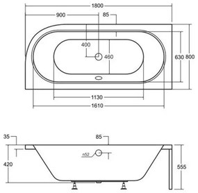 Cada asimetrica Besco Avita 180x80 cm alb lucios cu montaj dreapta