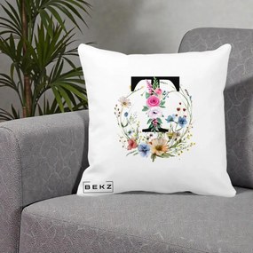 Cadou Personalizat - Perna Personalizata Monogram Litera T cu Flori Acuarela, 40x40 cm, Alba Mata, Husa Detasabila, Perna Inclusa, BEKZ®