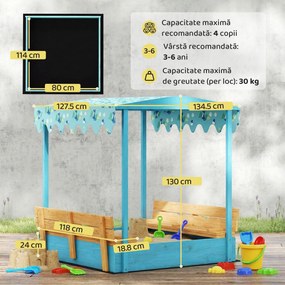 AIYAPLAY Lădiță cu Nisip pentru Copii 3-6 Ani cu Acoperiș Dinosauri, Bănci Pliabile, Capac și Husă Incluse, Lădiță de Nisip din Lemn de Brad, 134,5x127,5x130 cm, Albastru | Aosom Romania