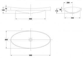 Lavoar incastrat gri inchis mat 90 cm, oval, Gala Klea Gri inchis mat, 900x400 mm