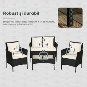 Outsunny Set Mobilier Grădină Ratan 4 Piese, 2 Scaune, Fotoliu 2 Locuri, Măsuță Cafea, Negru Crem | Aosom Romania