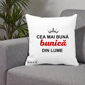 Cadou pentru Bunica - Perna Personalizata Cea Mai Buna Bunica Din Lume Coroana Neagra, 40x40 cm, Alba Mata, Husa Detasabila, Perna Inclusa, BEKZ®