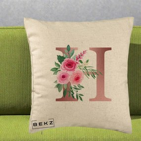 Cadou Personalizat - Perna Personalizata Monograma Rose Gold Litera H, 40x40 cm, Bej, Husa Detasabila, Perna Inclusa, BEKZ®