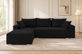 Colțar extensibil Livia Mini din catifea reiată, negru, colț pe stânga, cu ladă de depozitare