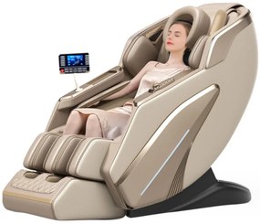RESIGILAT- Fotoliu de masaj PRIMUS CONFORT, cu Incalzire, Bluetooth, Display, Ecran tactil, Zero Gravity, 2 Boxe, Moduri Automate, Suport Picioare extensibil, Piele Ecologica Premium, Auriu